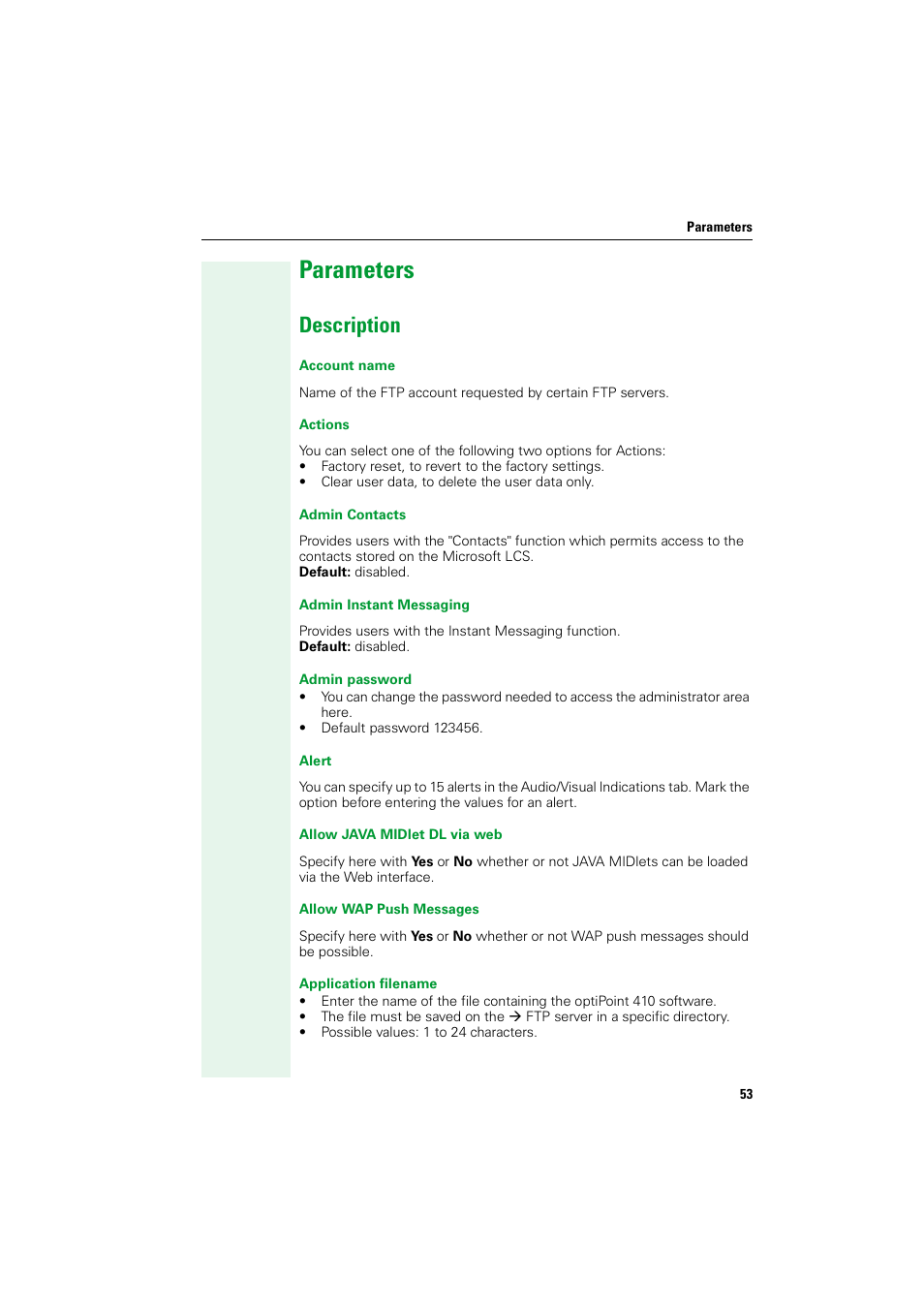 Parameters, Description | Siemens HIPATH V1.2.33 User Manual | Page 53 / 92