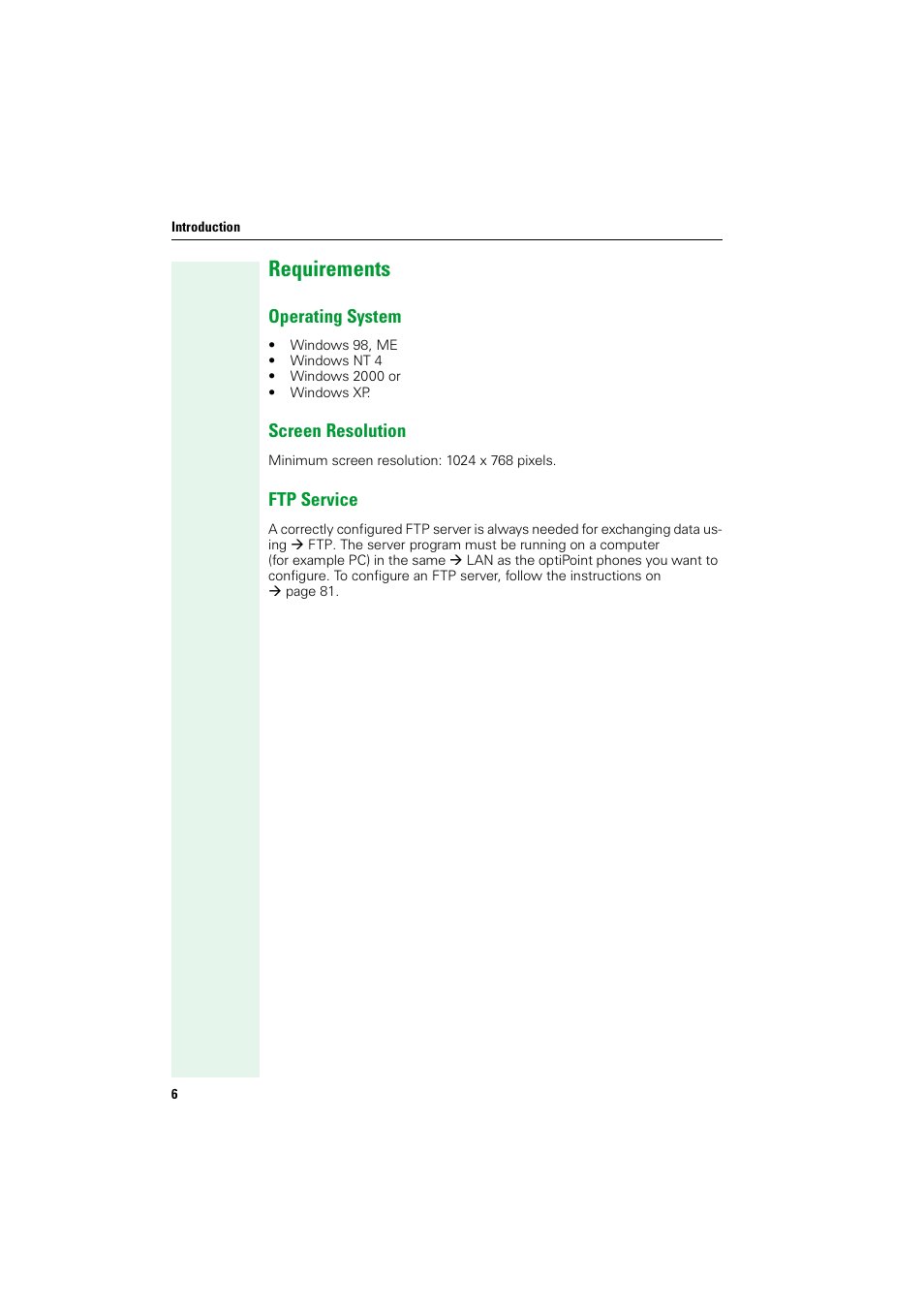 Requirements, Operating system, Screen resolution | Ftp service, Operating system screen resolution ftp service | Siemens HIPATH V1.2.33 User Manual | Page 6 / 92