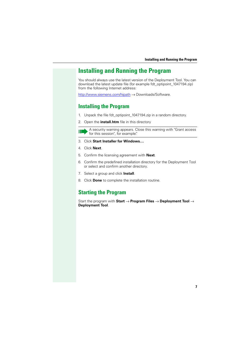 Installing and running the program, Installing the program, Starting the program | Installing the program starting the program | Siemens HIPATH V1.2.33 User Manual | Page 7 / 92