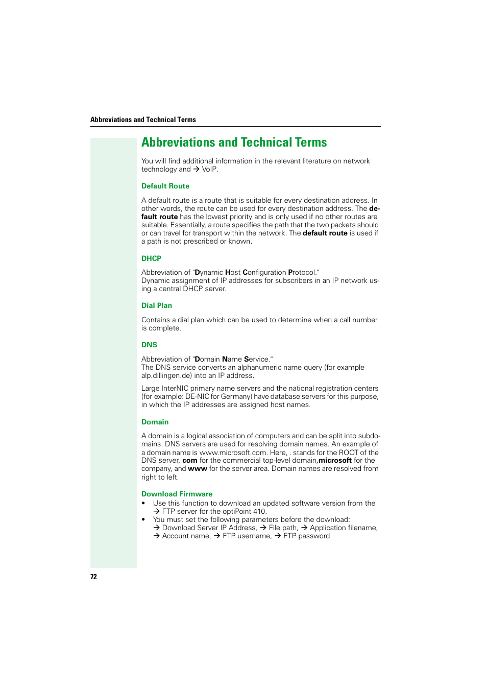 Abbreviations and technical terms, Æ dhcp s, Æ domain na | Æ dhcp, Æ default route m, Æ dial plan sh, Æ dial plan to, Æ dns s, Æ domain | Siemens HIPATH V1.2.33 User Manual | Page 72 / 92