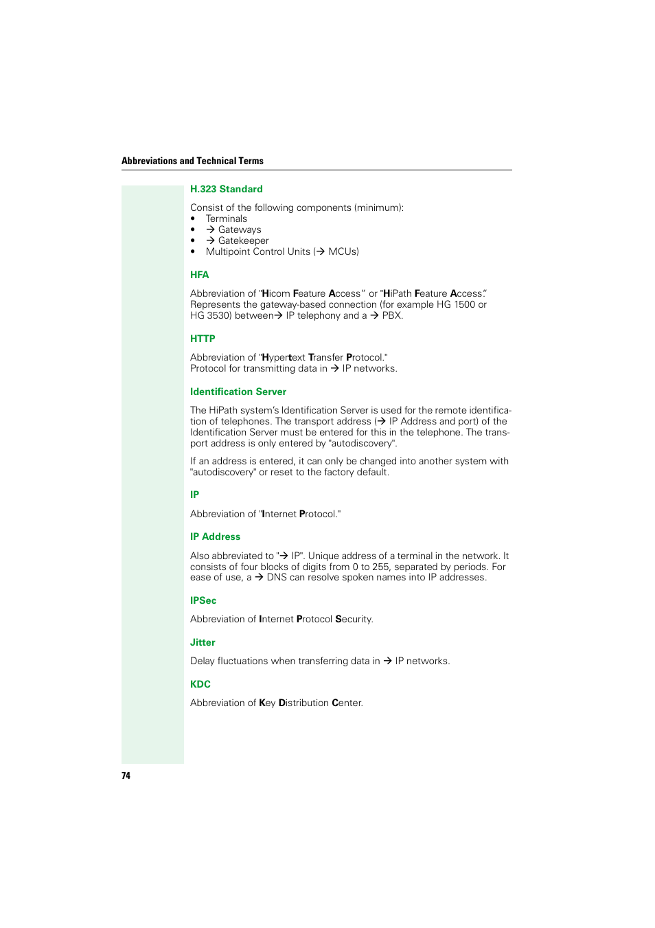 Æ ip address th, Æ ip address, Æ hfa | Æ ip address o, Æ ip address f, Æ ip ad, Dress o, Æ h.323 standard, Æ jitter, Æ ip | Siemens HIPATH V1.2.33 User Manual | Page 74 / 92