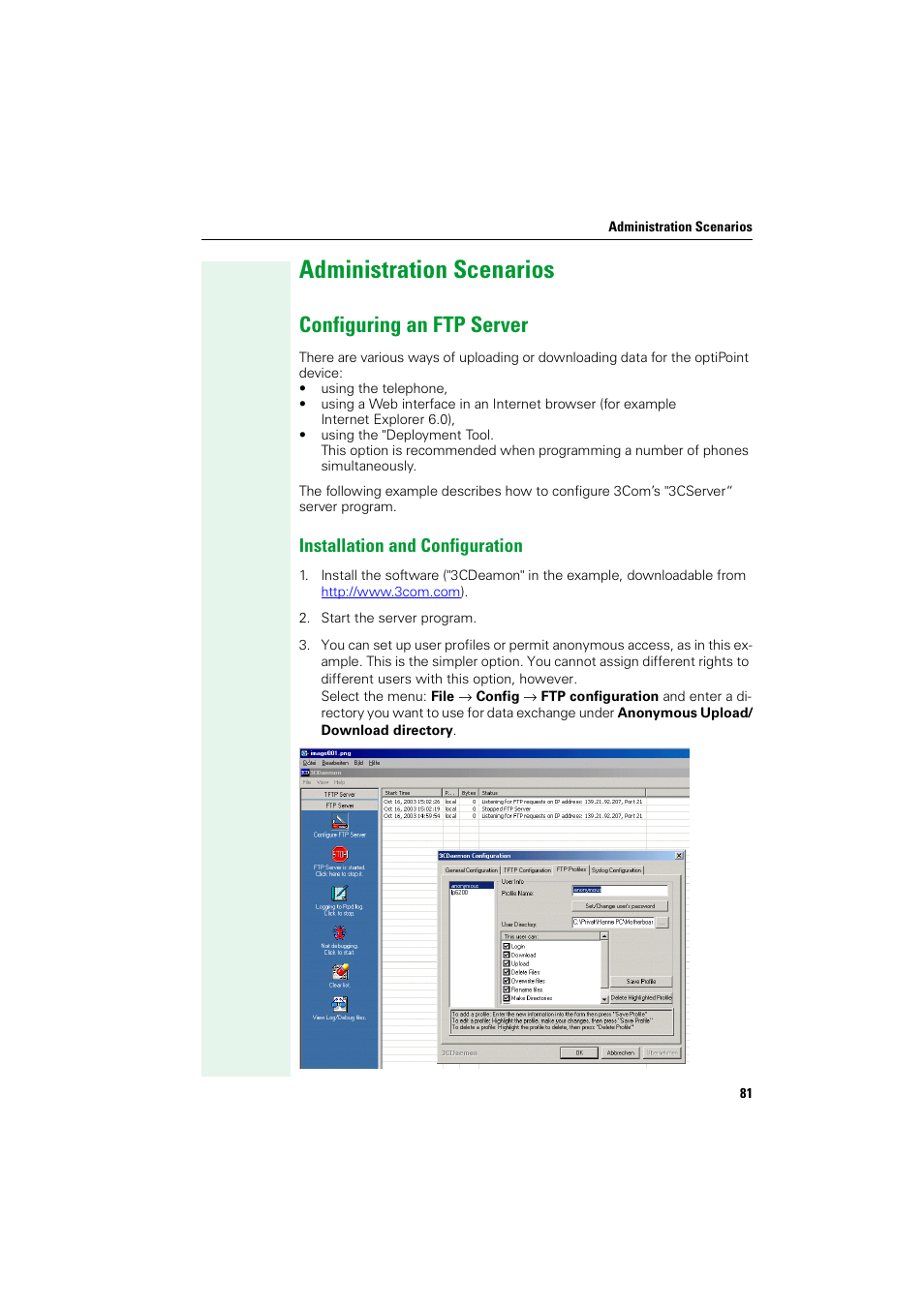 Administration scenarios, Configuring an ftp server, Installation and configuration | Siemens HIPATH V1.2.33 User Manual | Page 81 / 92