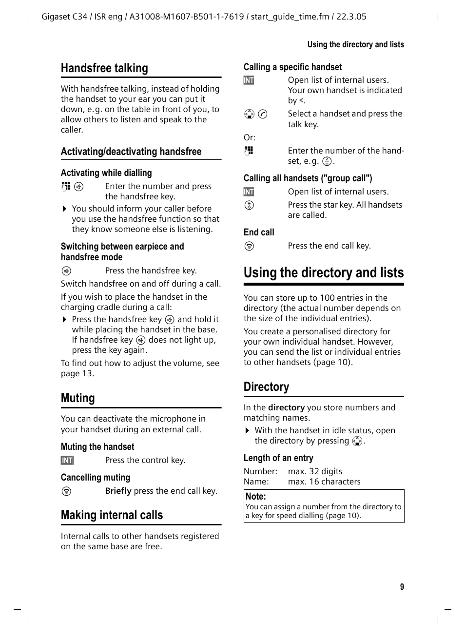 Activating/deactivating handsfree, Muting, Making internal calls | Using the directory and lists, Directory, Handsfree talking muting making internal calls, Handsfree talking | Siemens Gigaset C34 User Manual | Page 10 / 23