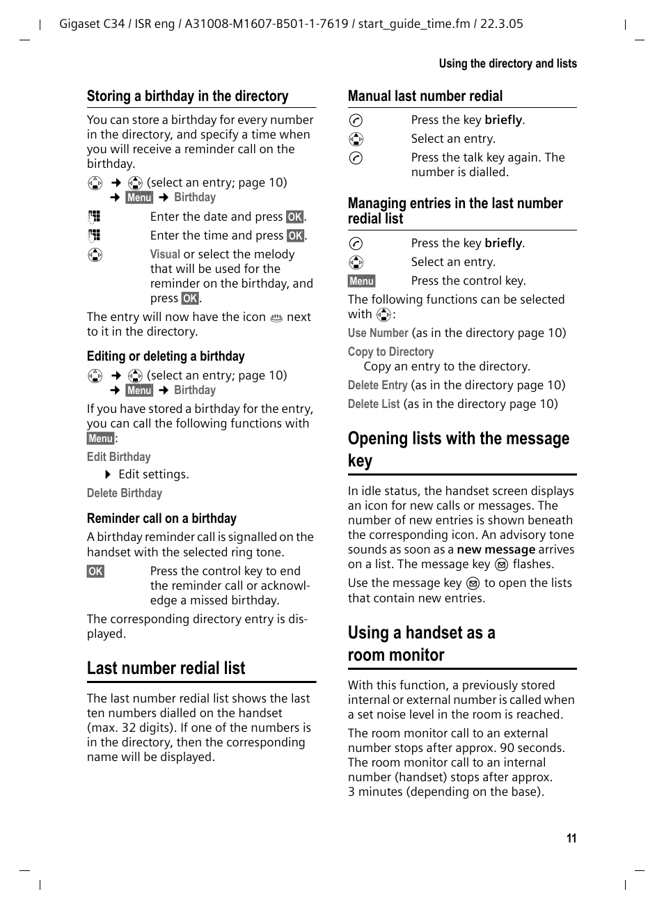 Storing a birthday in the directory, Last number redial list, Managing entries in the last number redial list | Opening lists with the message key, Using a handset as a room monitor | Siemens Gigaset C34 User Manual | Page 12 / 23