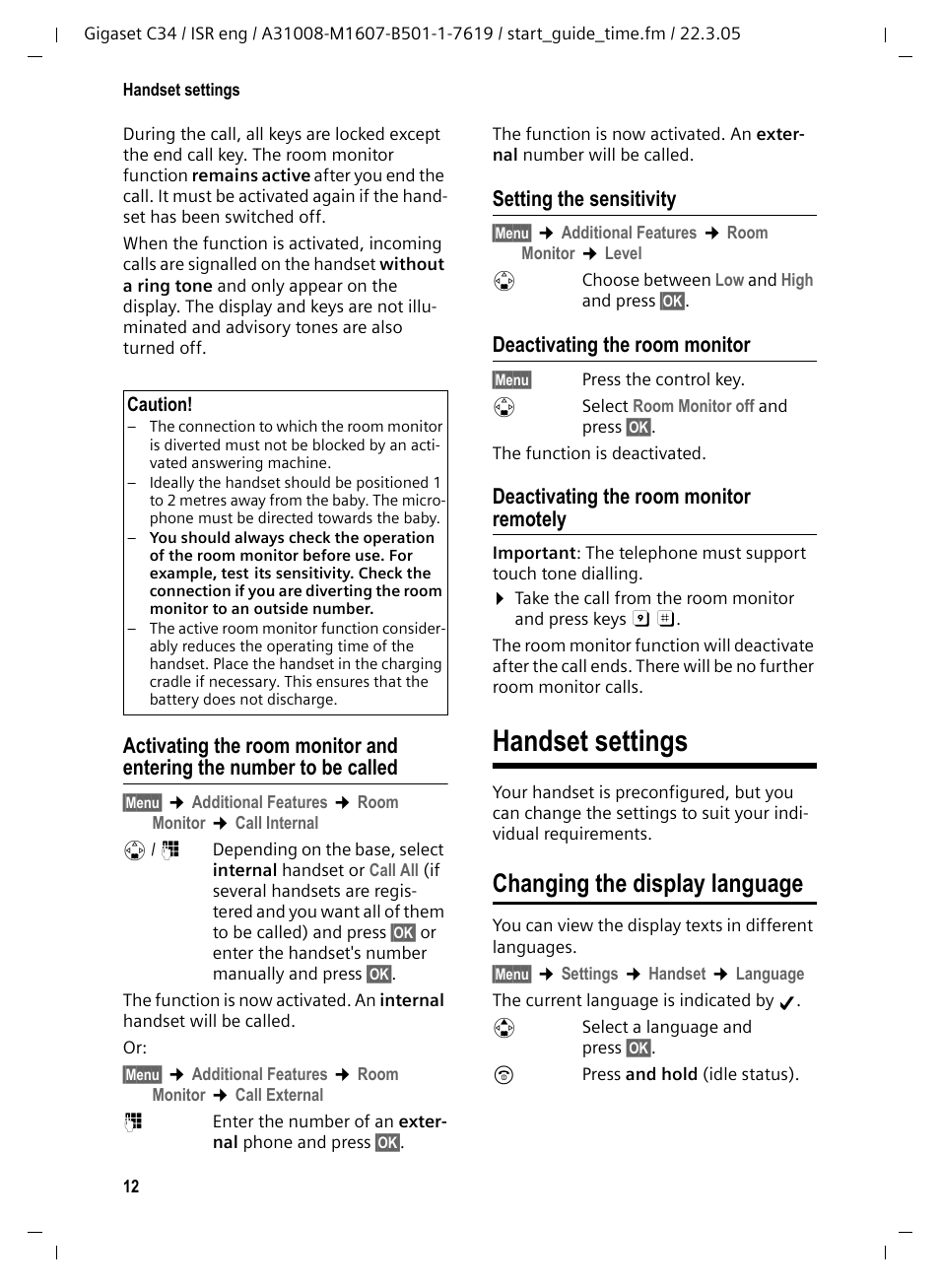 Setting the sensitivity, Deactivating the room monitor, Deactivating the room monitor remotely | Handset settings, Changing the display language | Siemens Gigaset C34 User Manual | Page 13 / 23