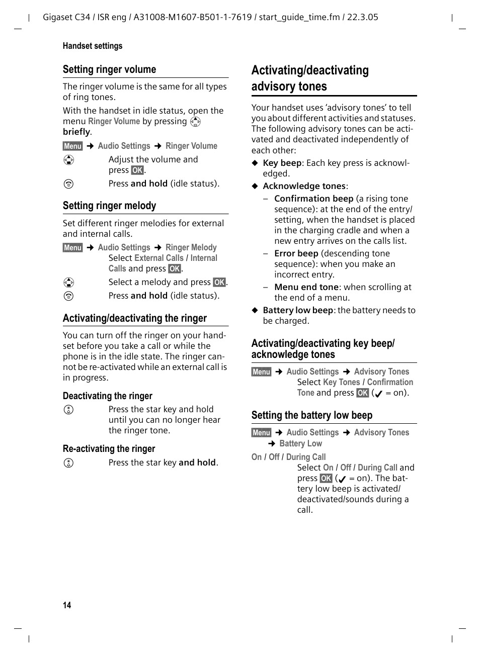 Setting ringer melody, Activating/deactivating the ringer, Setting the battery low beep | Activating/deactivating advisory tones | Siemens Gigaset C34 User Manual | Page 15 / 23