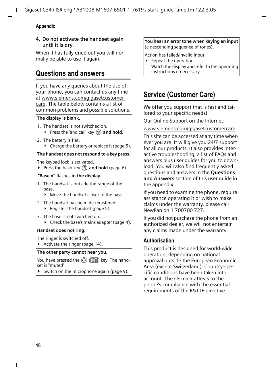 Questions and answers, Service (customer care), Questions and answers service (customer care) | Siemens Gigaset C34 User Manual | Page 17 / 23