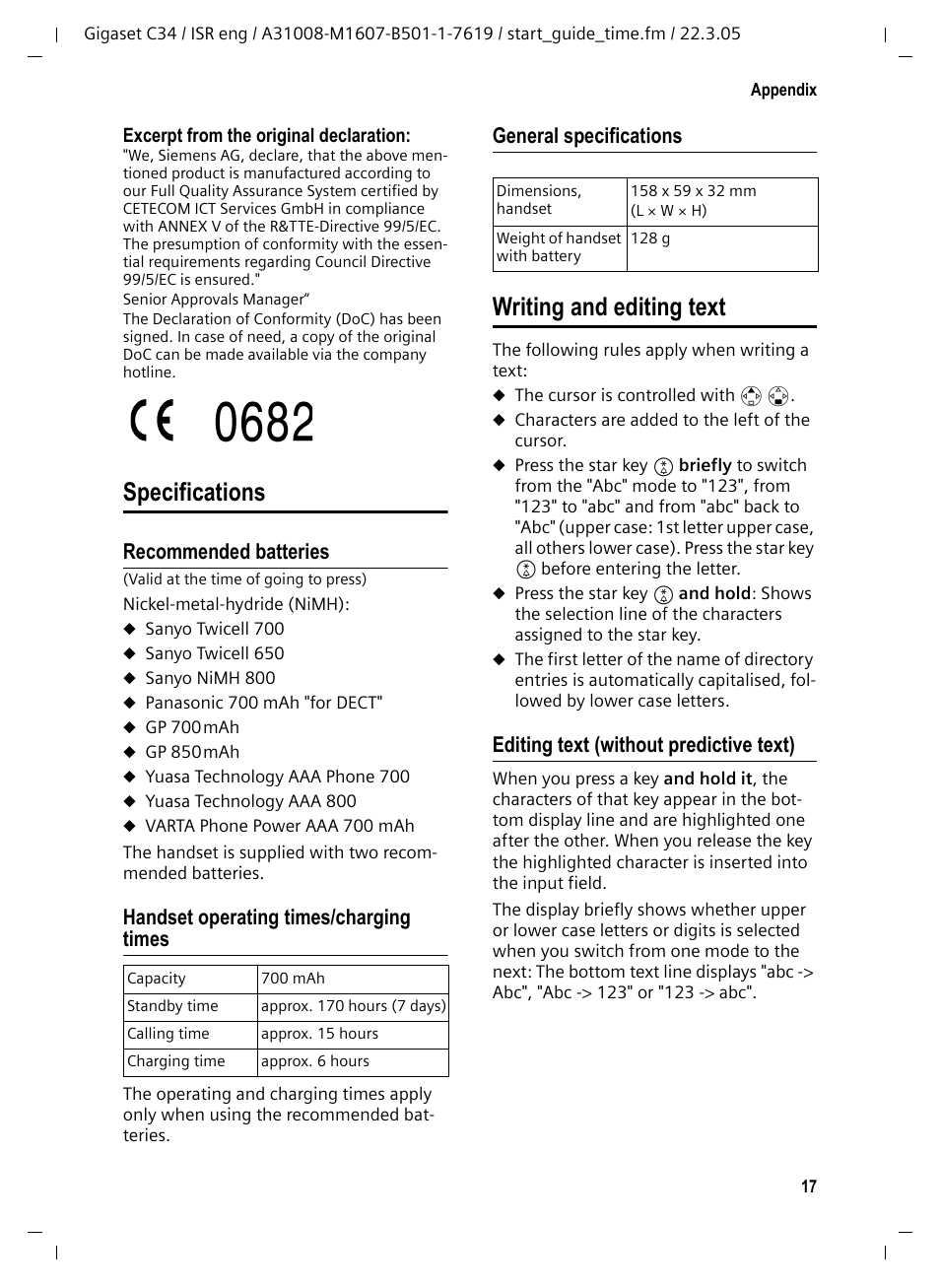 Specifications, Recommended batteries, Handset operating times/charging times | General specifications, Writing and editing text, Editing text (without predictive text), Specifications writing and editing text | Siemens Gigaset C34 User Manual | Page 18 / 23