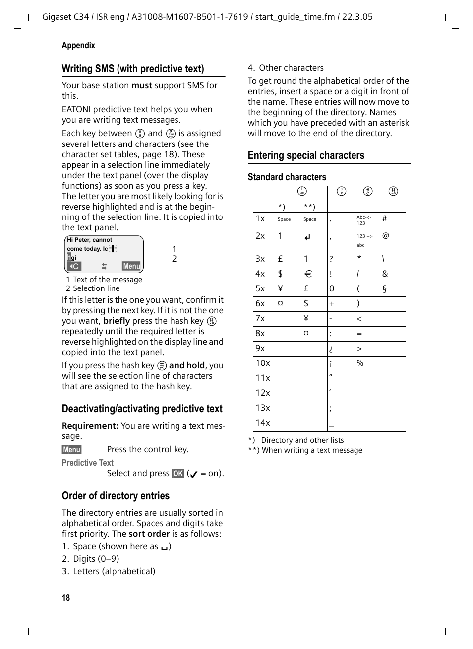 Deactivating/activating predictive text, Order of directory entries, Entering special characters | Writing sms (with predictive text) | Siemens Gigaset C34 User Manual | Page 19 / 23