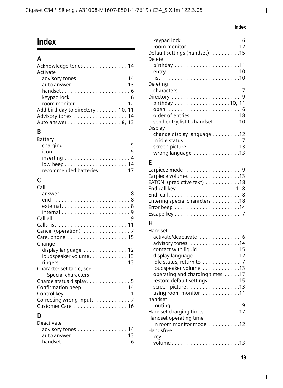 Index | Siemens Gigaset C34 User Manual | Page 20 / 23