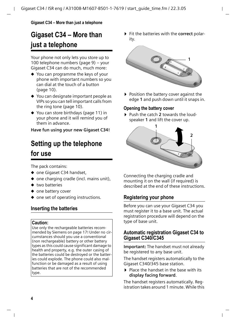 Gigaset c34 - more than just a telephone, Setting up the telephone for use, Inserting the batteries | Registering your phone, Gigaset c34 – more than just a telephone | Siemens Gigaset C34 User Manual | Page 5 / 23