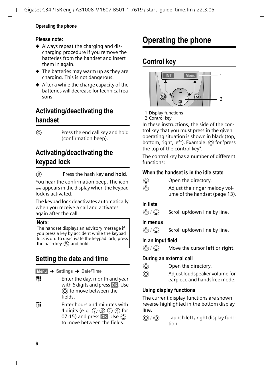 Activating/deactivating the handset, Activating/deactivating the keypad lock, Setting the date and time | Operating the phone, Control key | Siemens Gigaset C34 User Manual | Page 7 / 23