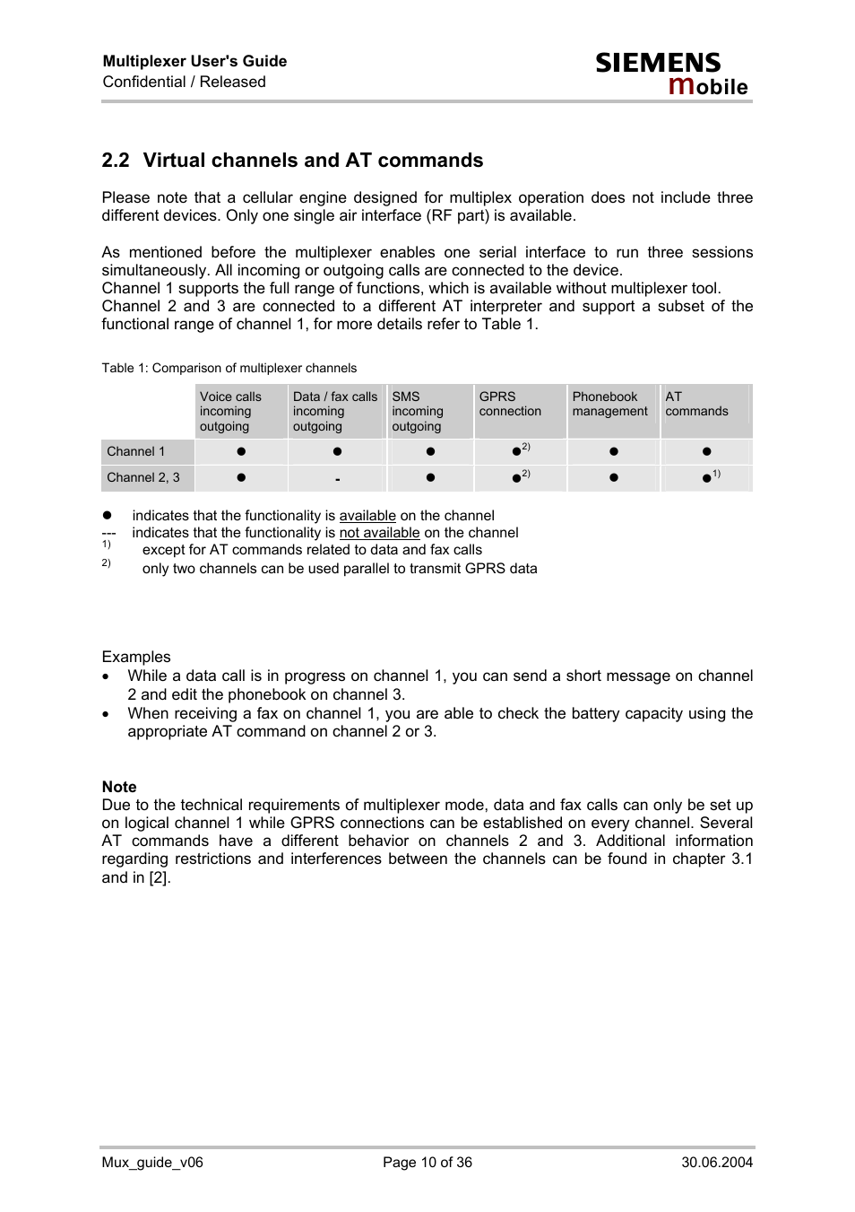 Virtual channels and at commands, Table 1: comparison of multiplexer channels, 2 virtual channels and at commands | Siemens Mux_guide_v06 User Manual | Page 10 / 36