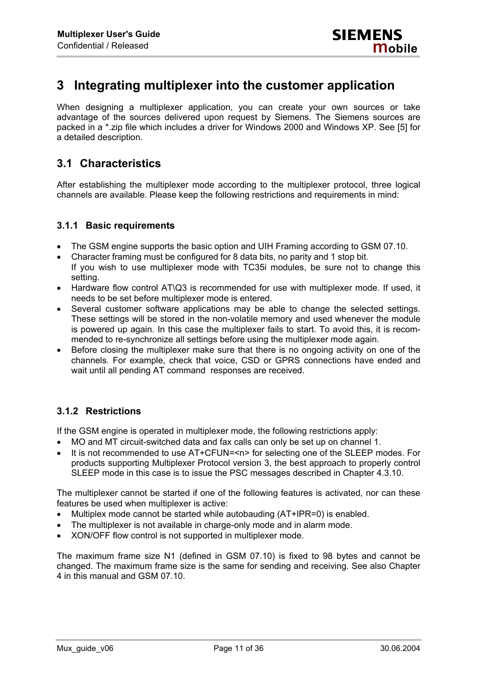 Characteristics, Basic requirements, Restrictions | 1 characteristics | Siemens Mux_guide_v06 User Manual | Page 11 / 36