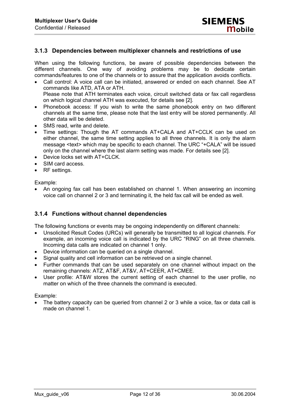 Functions without channel dependencies | Siemens Mux_guide_v06 User Manual | Page 12 / 36