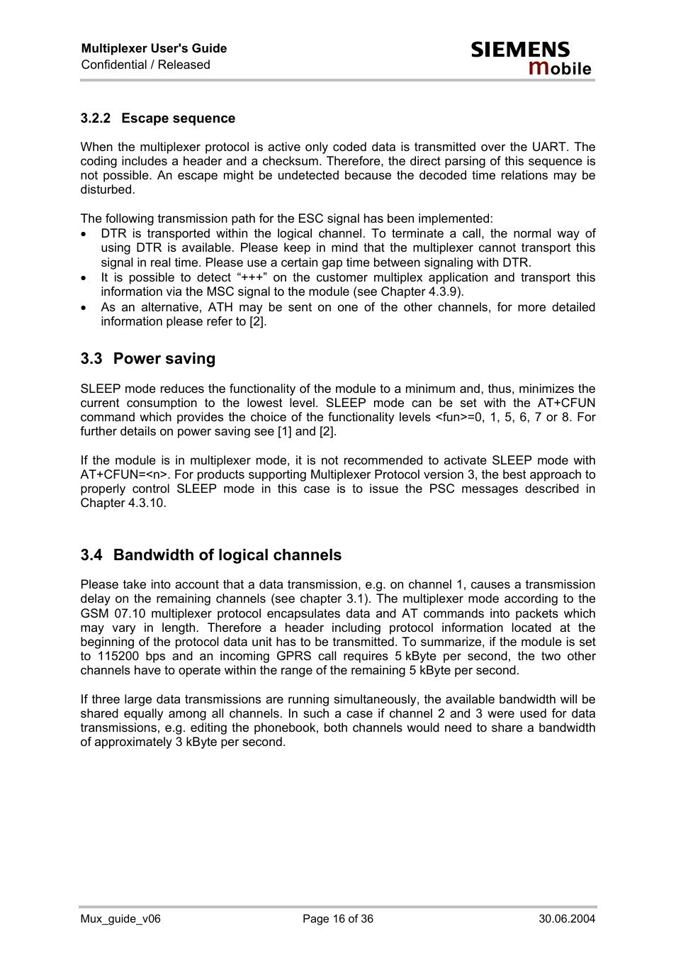 Escape sequence, Power saving, Bandwidth of logical channels | 3 power saving, 4 bandwidth of logical channels | Siemens Mux_guide_v06 User Manual | Page 16 / 36