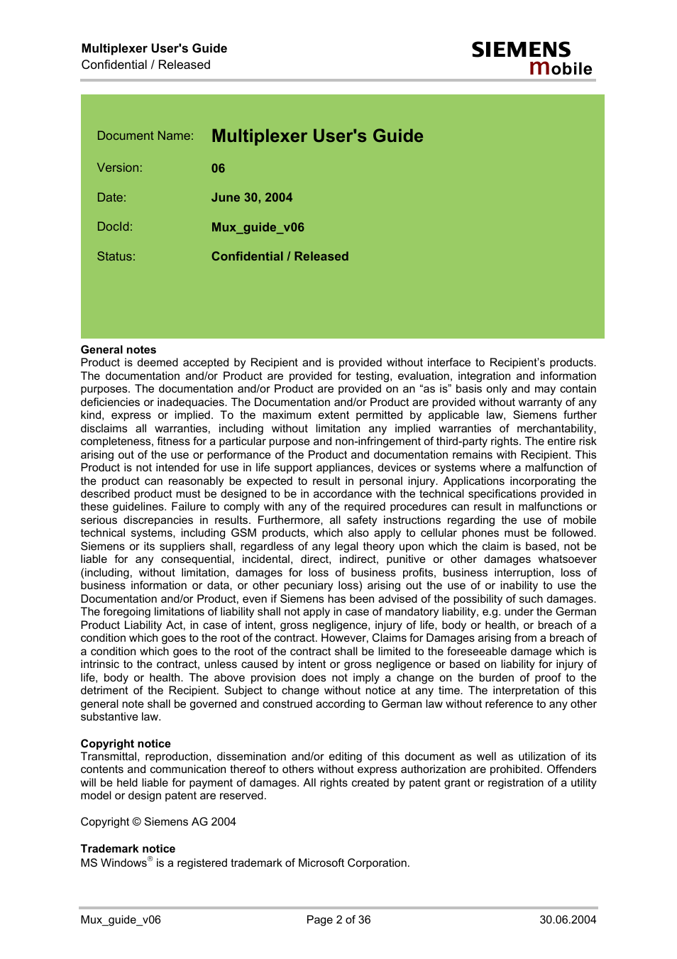 Multiplexer user's guide | Siemens Mux_guide_v06 User Manual | Page 2 / 36