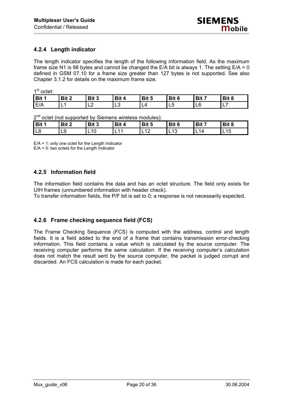 Length indicator, Information field, Frame checking sequence field (fcs) | Siemens Mux_guide_v06 User Manual | Page 20 / 36