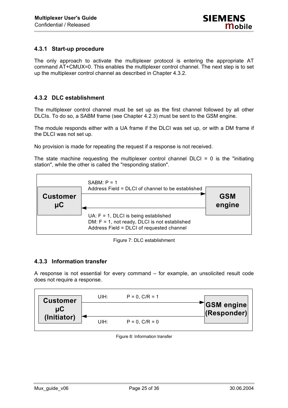 Start-up procedure, Dlc establishment, Information transfer | Customer µc gsm engine, Customer µc (initiator) gsm engine (responder) | Siemens Mux_guide_v06 User Manual | Page 25 / 36