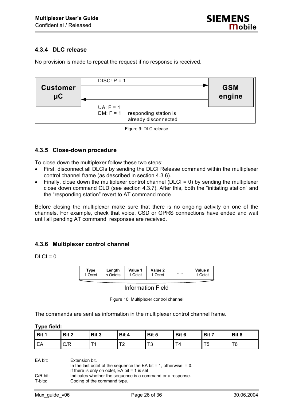 Dlc release, Close-down procedure, Multiplexer control channel | Customer µc gsm engine | Siemens Mux_guide_v06 User Manual | Page 26 / 36