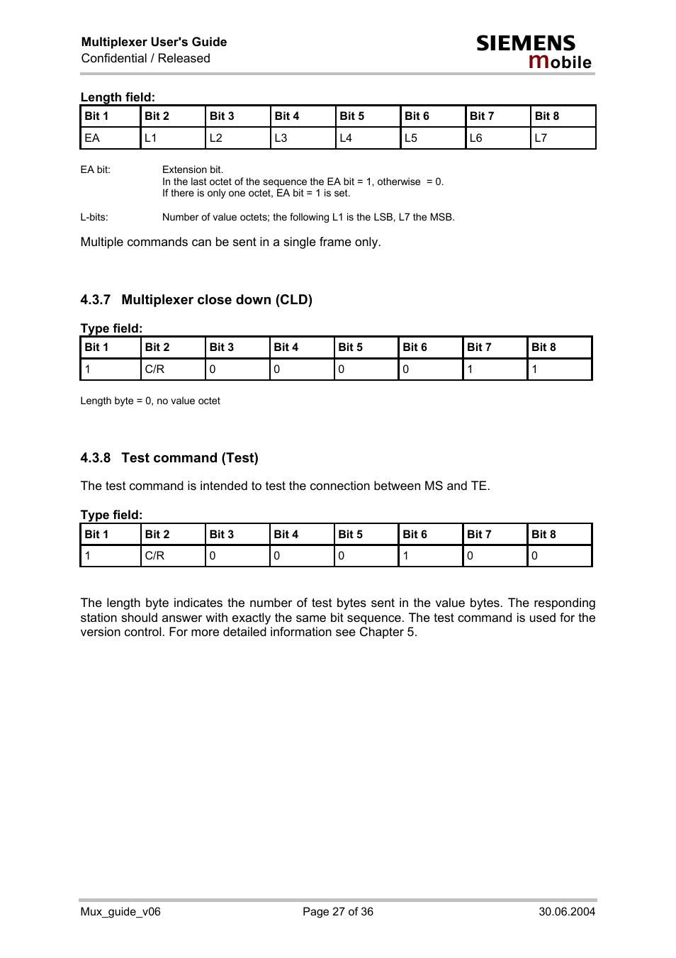 Multiplexer close down (cld), Test command (test) | Siemens Mux_guide_v06 User Manual | Page 27 / 36