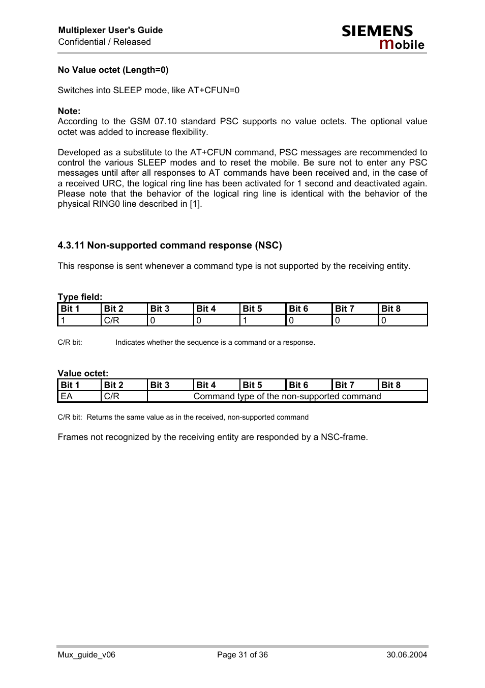 Non-supported command response (nsc) | Siemens Mux_guide_v06 User Manual | Page 31 / 36