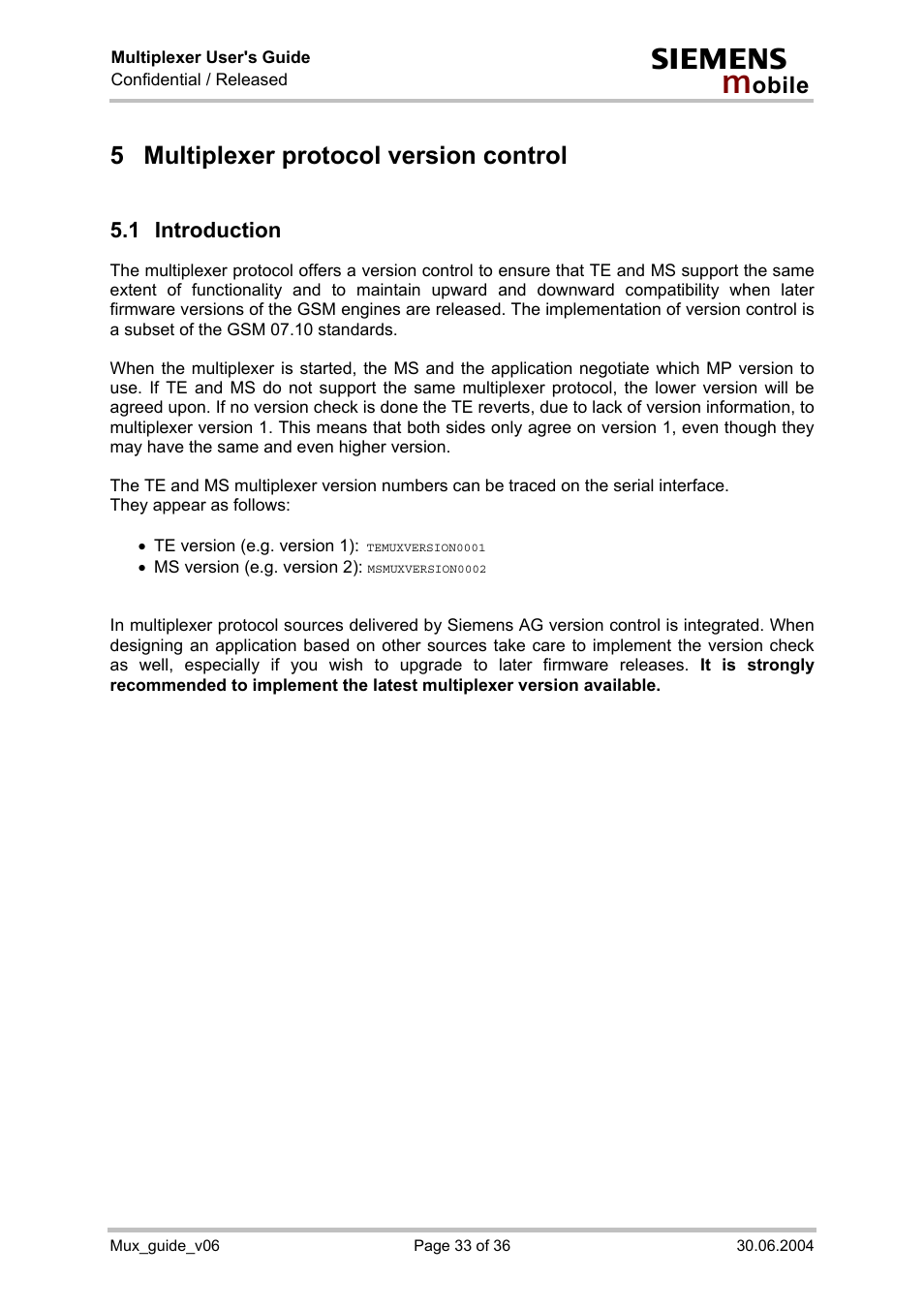 Multiplexer protocol version control, Introduction, 5 multiplexer protocol version control | 1 introduction | Siemens Mux_guide_v06 User Manual | Page 33 / 36