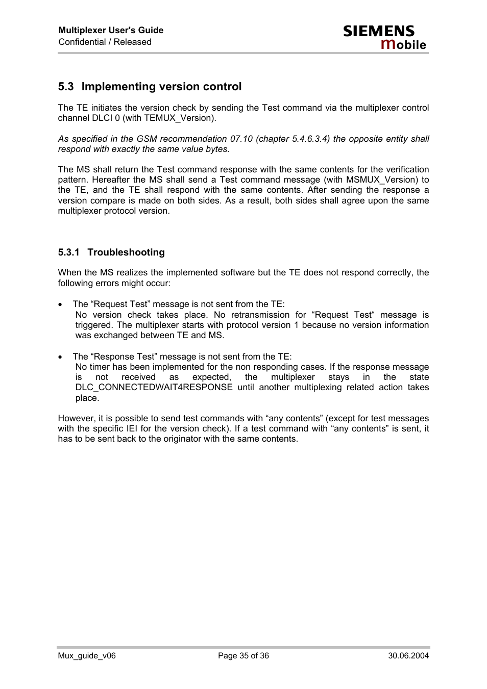 Implementing version control, Troubleshooting, 3 implementing version control | Siemens Mux_guide_v06 User Manual | Page 35 / 36