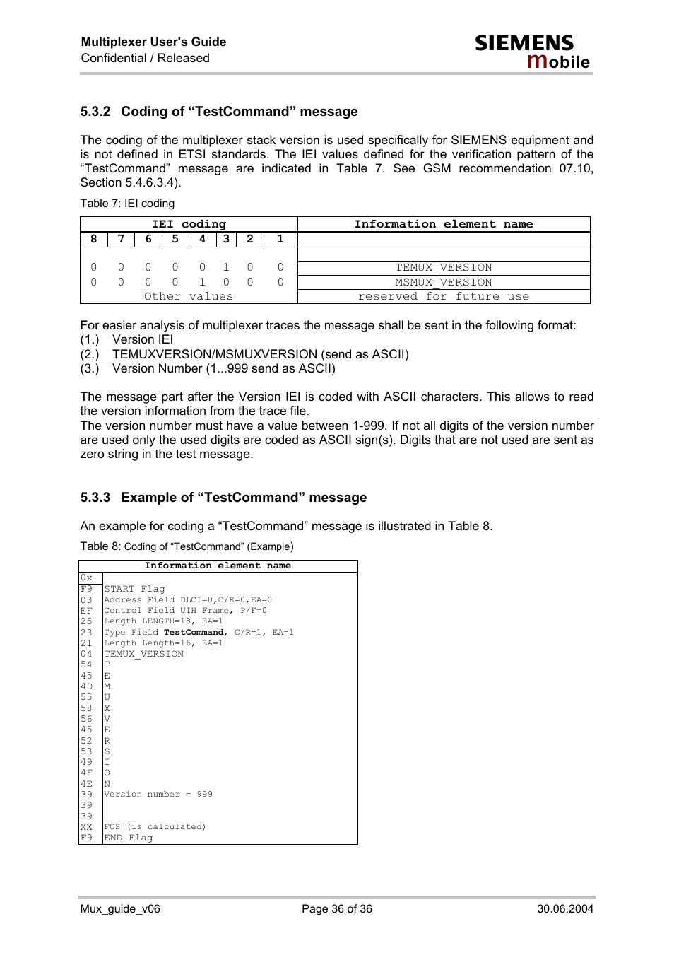 Coding of “testcommand” message, Example of “testcommand” message, 2 coding of “testcommand” message | 3 example of “testcommand” message | Siemens Mux_guide_v06 User Manual | Page 36 / 36