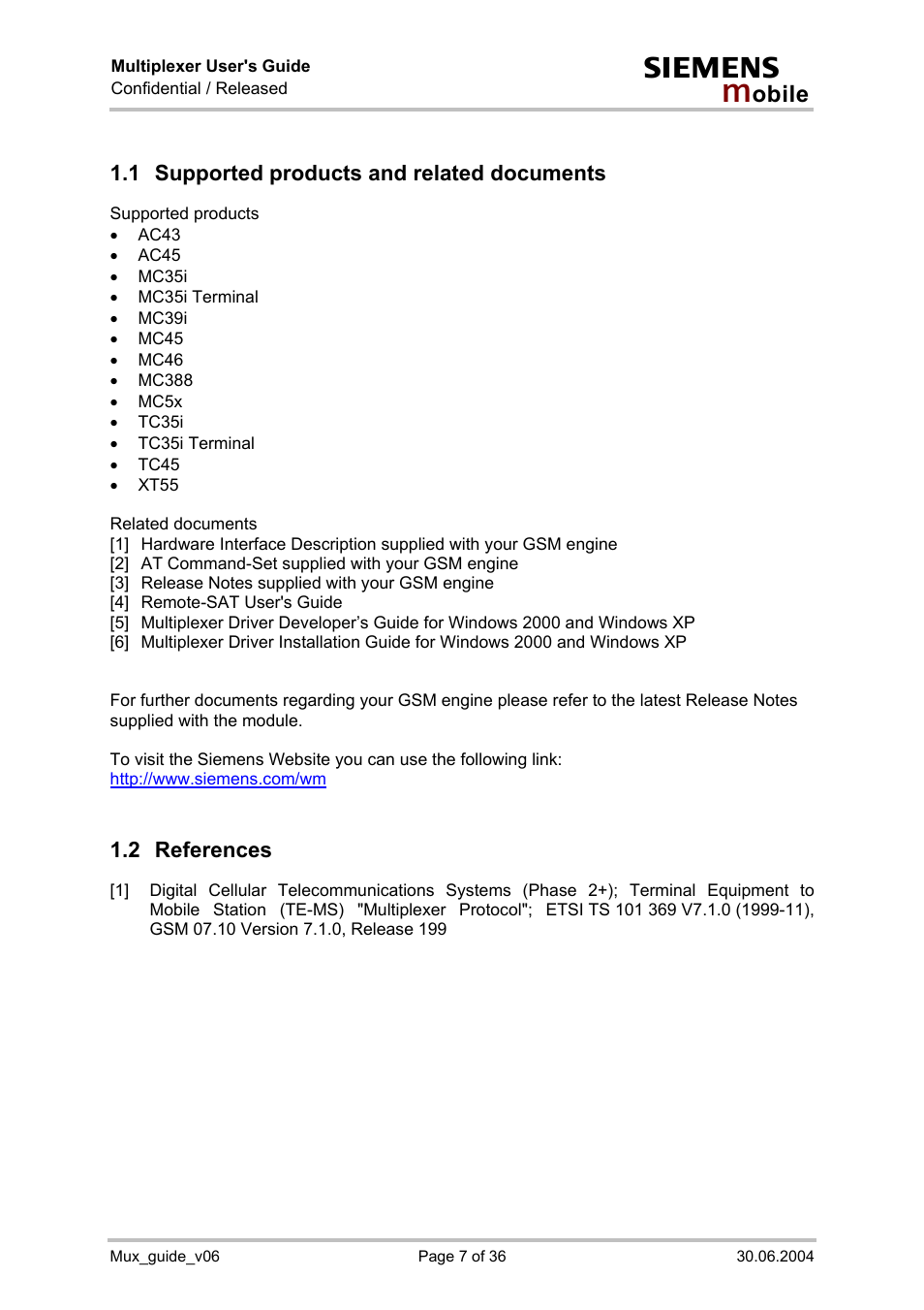 Supported products and related documents, References, 1 supported products and related documents | 2 references | Siemens Mux_guide_v06 User Manual | Page 7 / 36