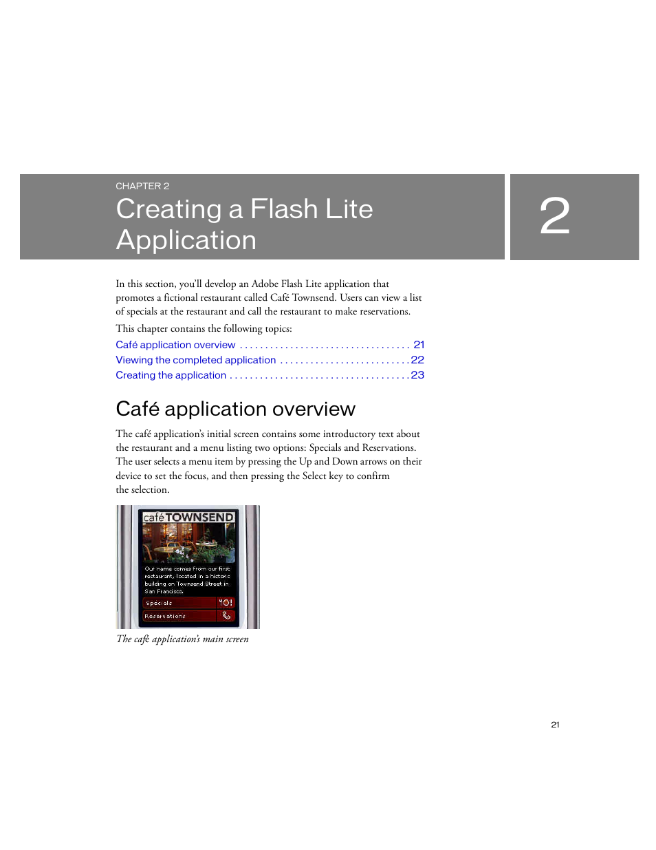 Creating a flash lite application, Café application overview, Chapter 2, “creating a flash | Siemens sony User Manual | Page 21 / 38