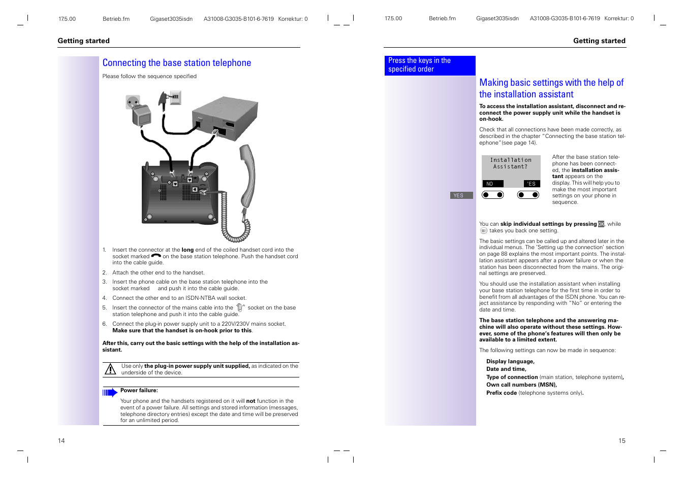 Connecting the base station telephone | Siemens 3035isdn User Manual | Page 10 / 94