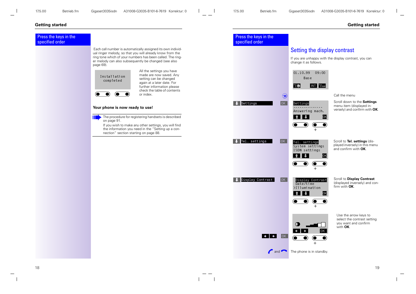 Setting the display contrast | Siemens 3035isdn User Manual | Page 12 / 94