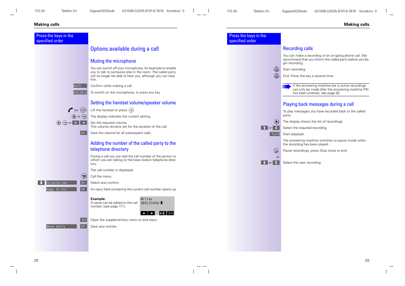 Options available during a call | Siemens 3035isdn User Manual | Page 18 / 94