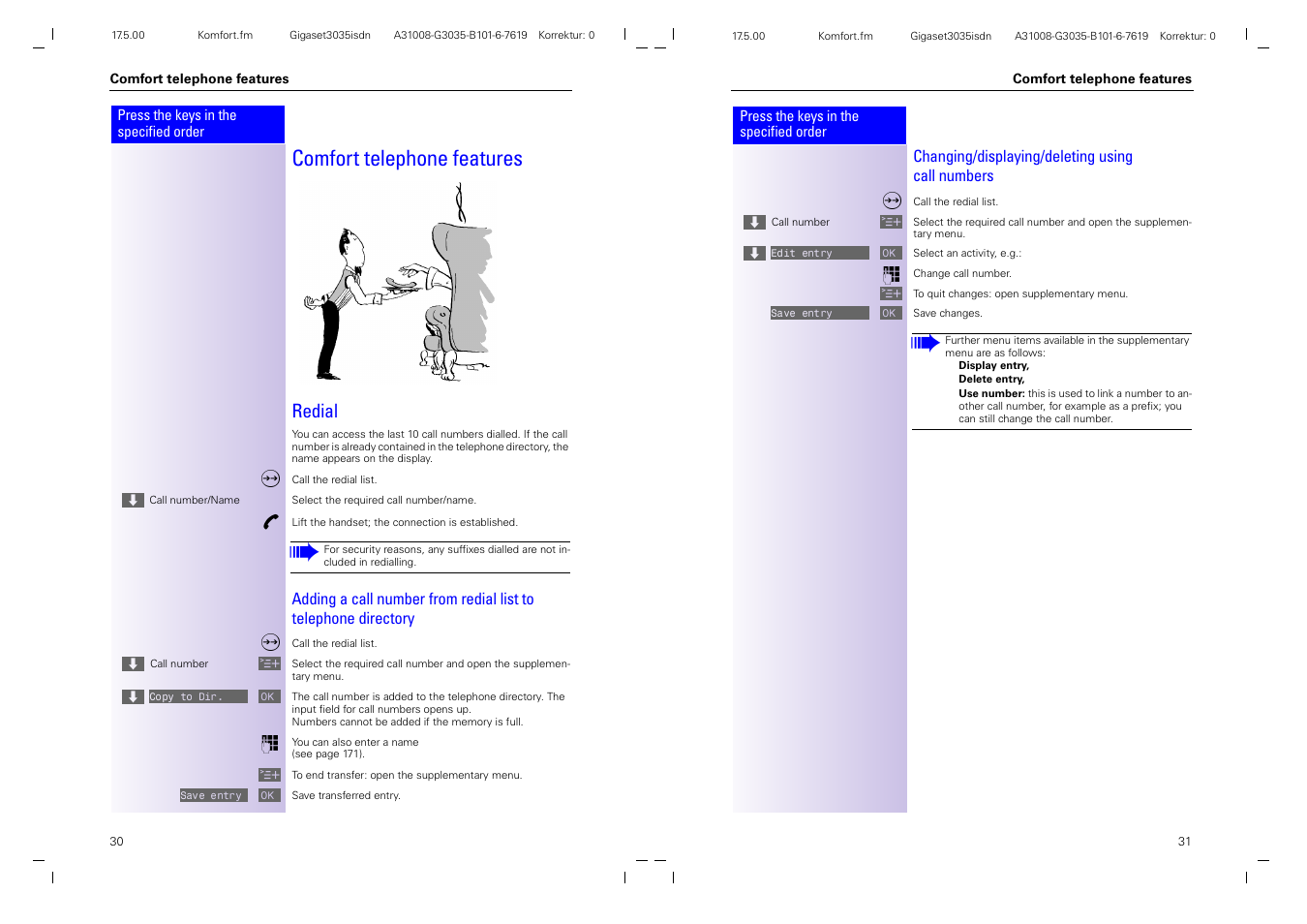 Comfort telephone features, Redial | Siemens 3035isdn User Manual | Page 19 / 94