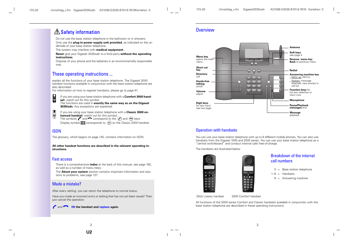 Safety information, These operating instructions, Overview | Isdn, Fast access, Made a mistake, Operation with handsets, Breakdown of the internal call numbers | Siemens 3035isdn User Manual | Page 2 / 94