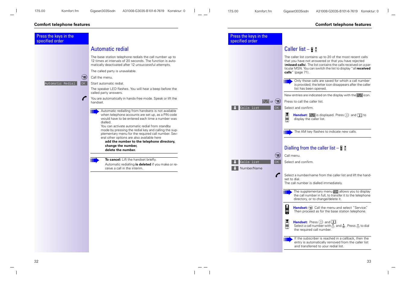 Automatic redial, Caller list | Siemens 3035isdn User Manual | Page 20 / 94