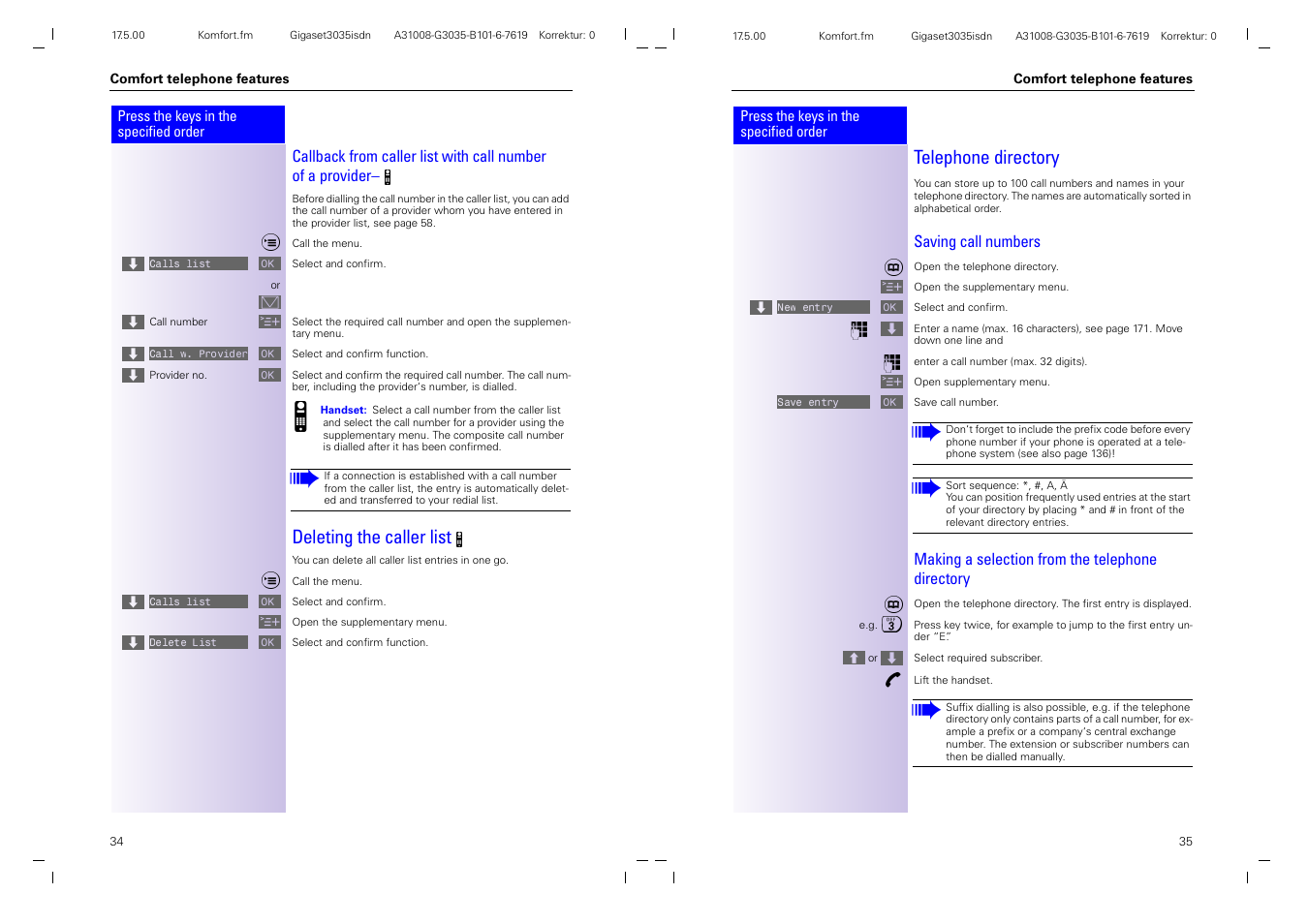 Deleting the caller list, Telephone directory | Siemens 3035isdn User Manual | Page 21 / 94