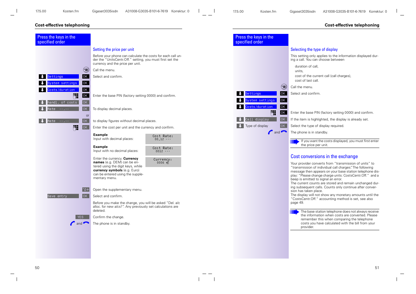 Cost conversions in the exchange | Siemens 3035isdn User Manual | Page 29 / 94