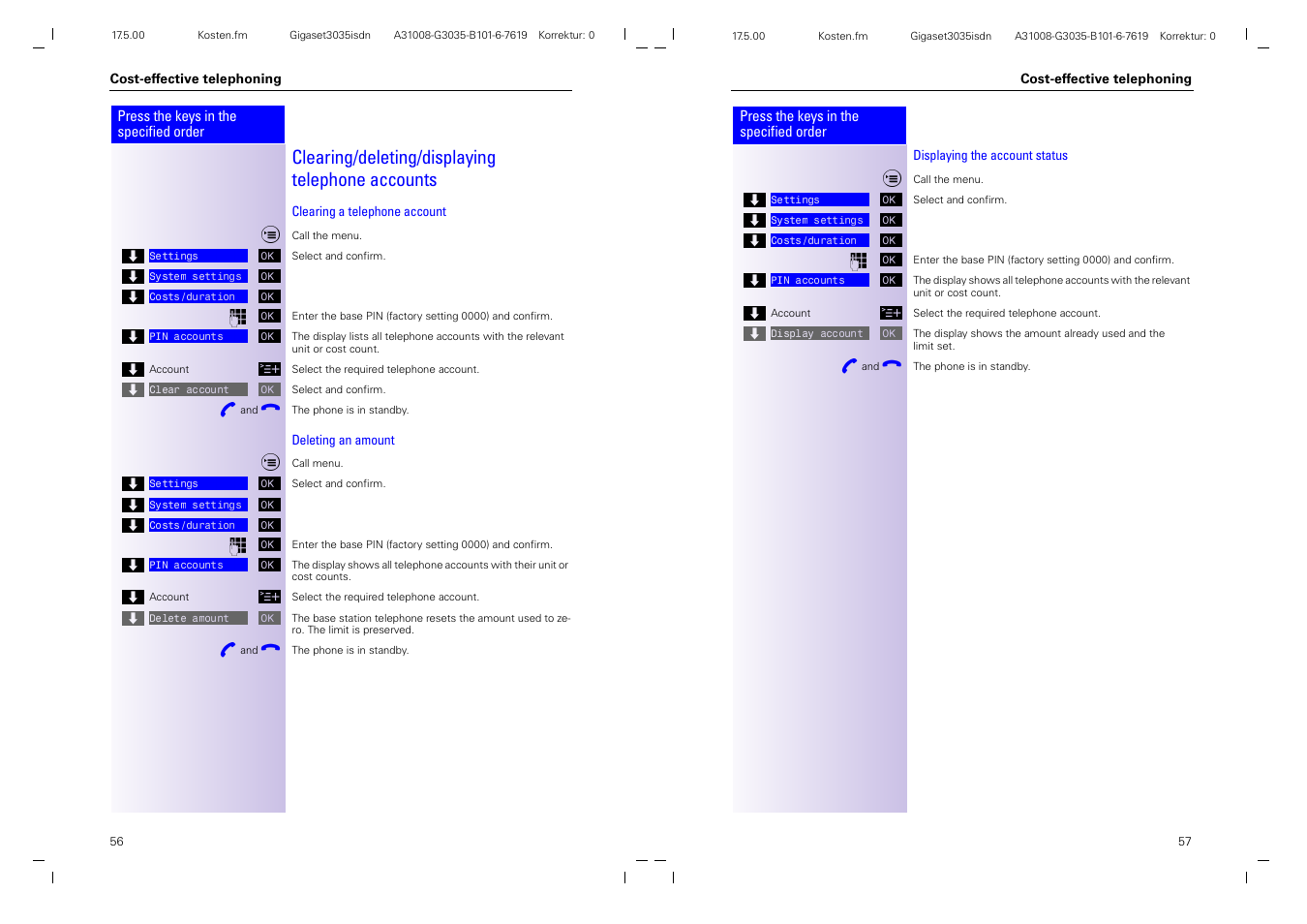 Clearing/deleting/displaying telephone accounts | Siemens 3035isdn User Manual | Page 32 / 94