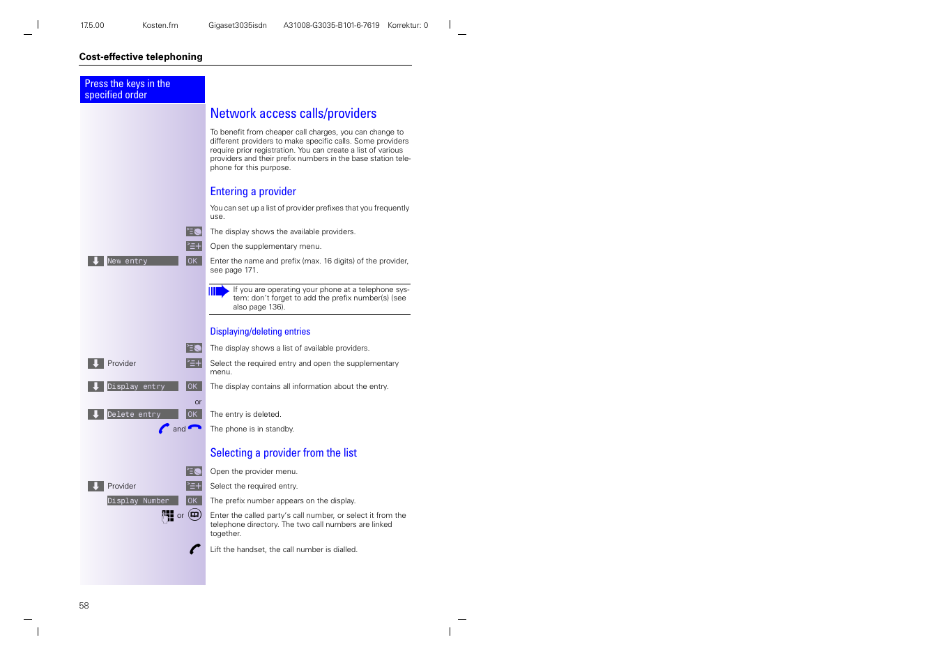 Network access calls/providers | Siemens 3035isdn User Manual | Page 33 / 94