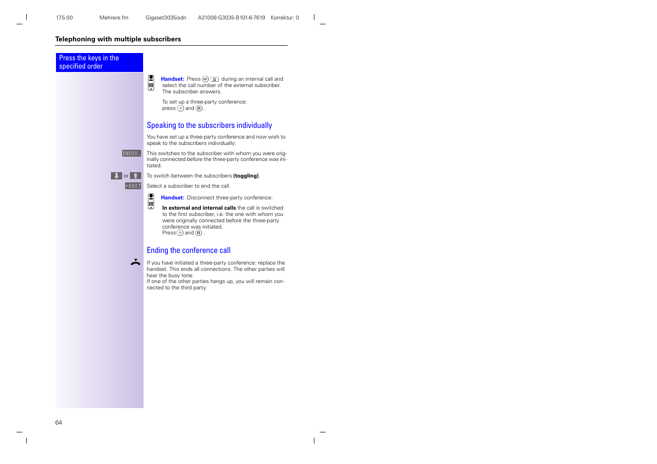 Speaking to the subscribers individually, Ending the conference call | Siemens 3035isdn User Manual | Page 37 / 94