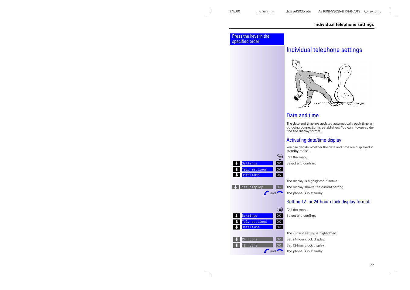 Individual telephone settings, Date and time | Siemens 3035isdn User Manual | Page 38 / 94