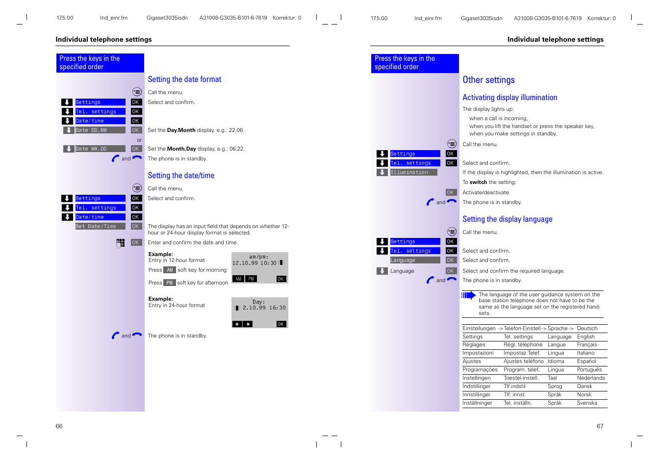 Other settings, Setting the date format, Setting the date/time | Activating display illumination, Setting the display language | Siemens 3035isdn User Manual | Page 39 / 94