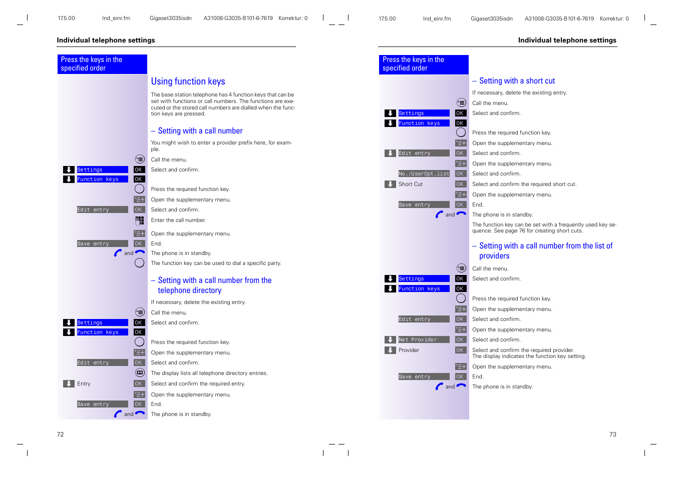 Using function keys, Setting with a call number, Setting with a short cut | Siemens 3035isdn User Manual | Page 42 / 94