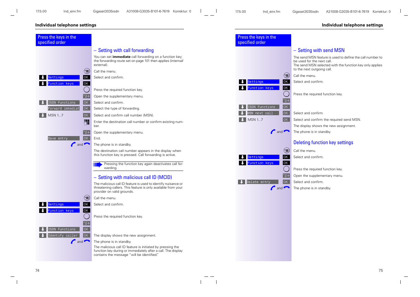 Setting with call forwarding, Setting with malicious call id (mcid), Setting with send msn | Deleting function key settings | Siemens 3035isdn User Manual | Page 43 / 94