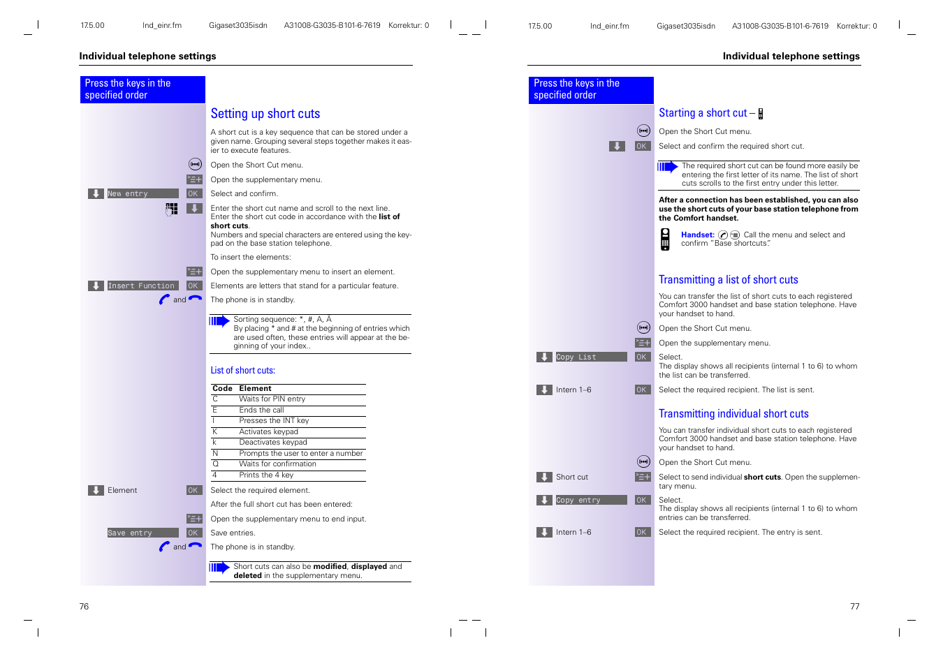 Setting up short cuts | Siemens 3035isdn User Manual | Page 44 / 94