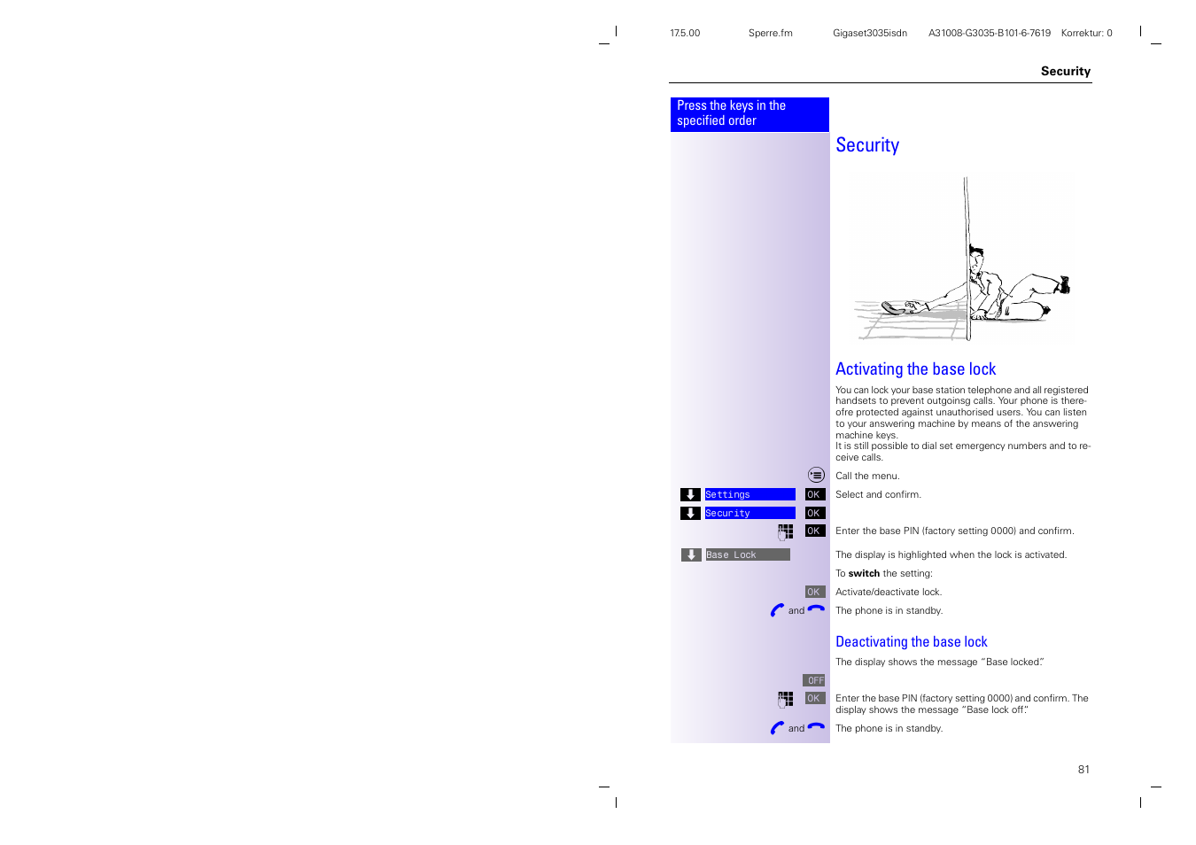 Security, Activating the base lock | Siemens 3035isdn User Manual | Page 47 / 94