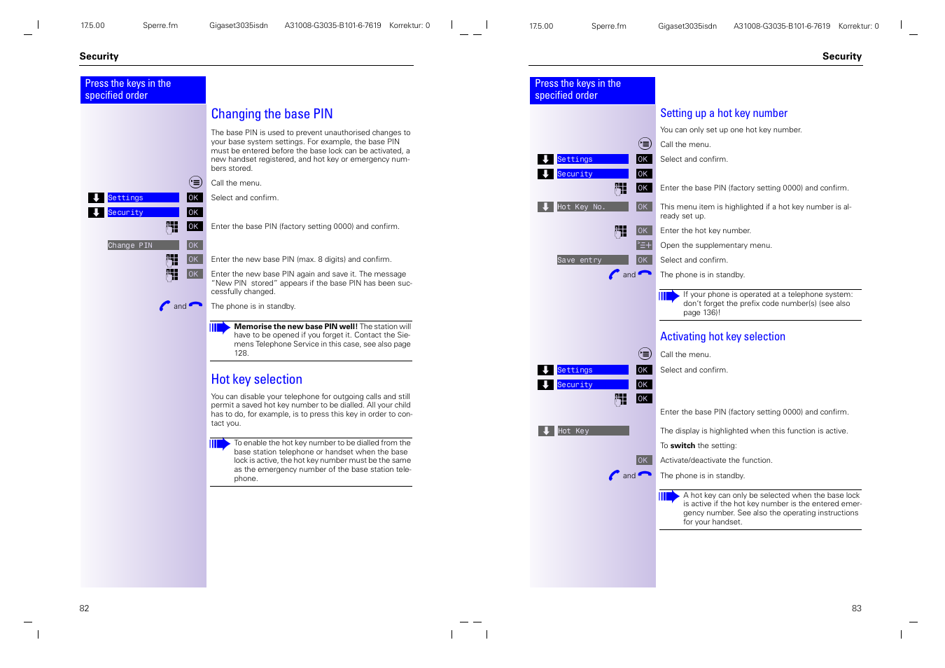 Changing the base pin, Hot key selection | Siemens 3035isdn User Manual | Page 48 / 94