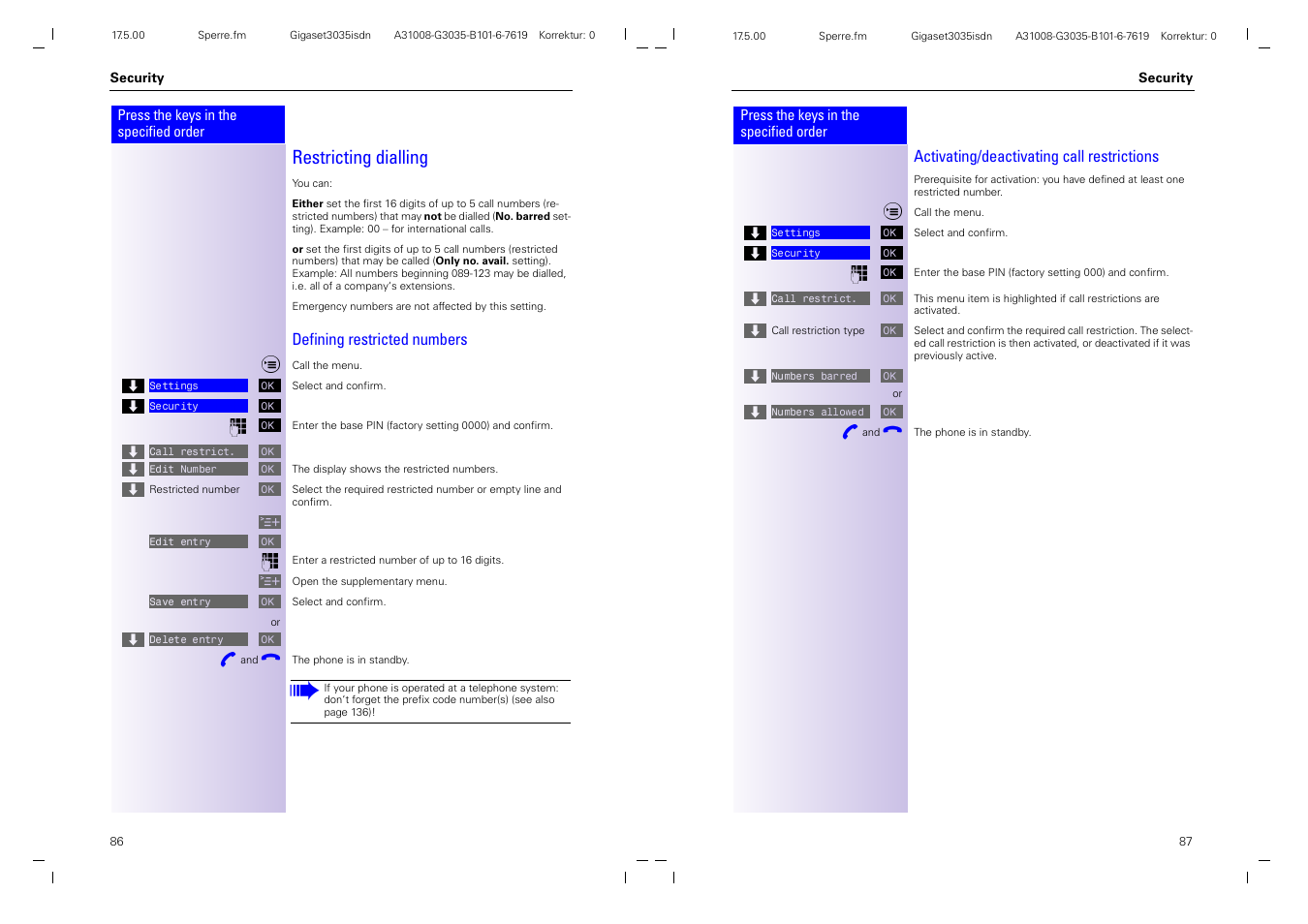 Restricting dialling, Defining restricted numbers, Activating/deactivating call restrictions | Siemens 3035isdn User Manual | Page 50 / 94